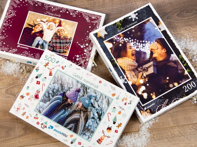 puzzle boxes dressed up for Christmas