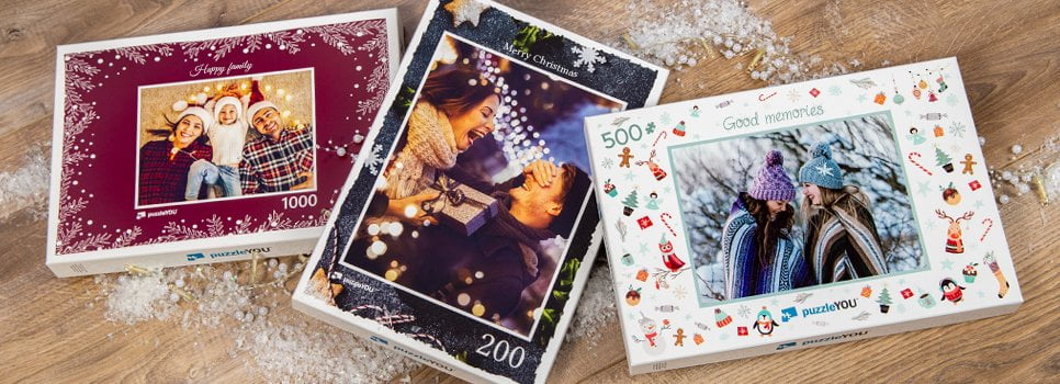 puzzle boxes dressed up for Christmas